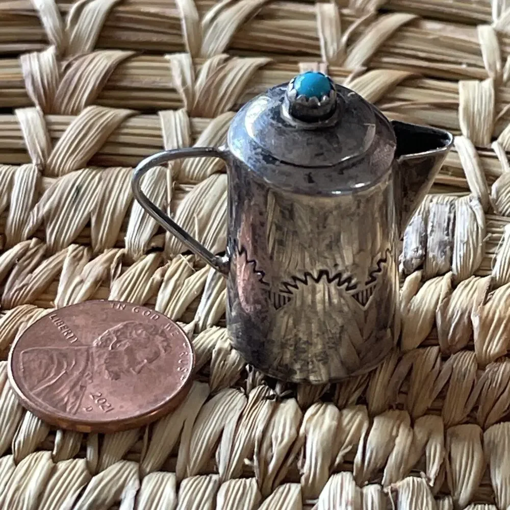 Miniature Turquoise Sterling Silver Water Kettle by Elizabeth Margret Whitman